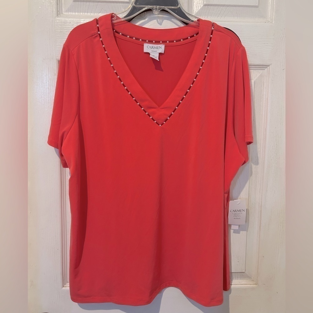 NWT Carmen Woman Coral Color Knit Top with Pearl Detail on Neckline
